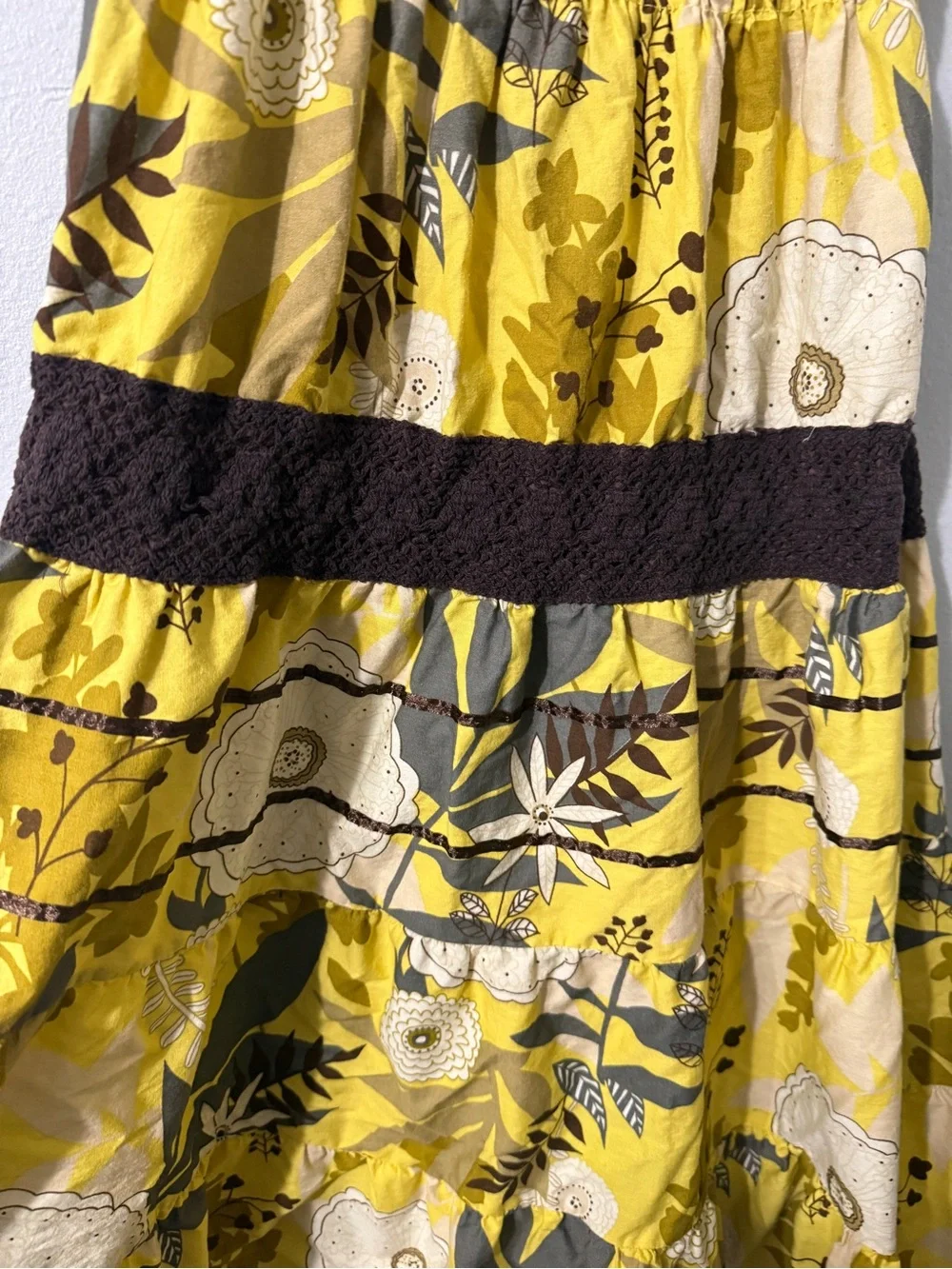 CuteY2K Yellow Floral Smocked Strapless Tiered Flowy Dress with Crochet Accents - Picture 3 of 7